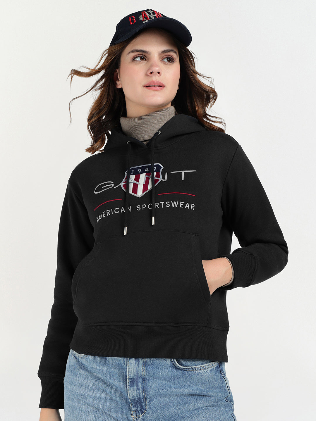 Gant Women Black Graphic Hooded Sweatshirt