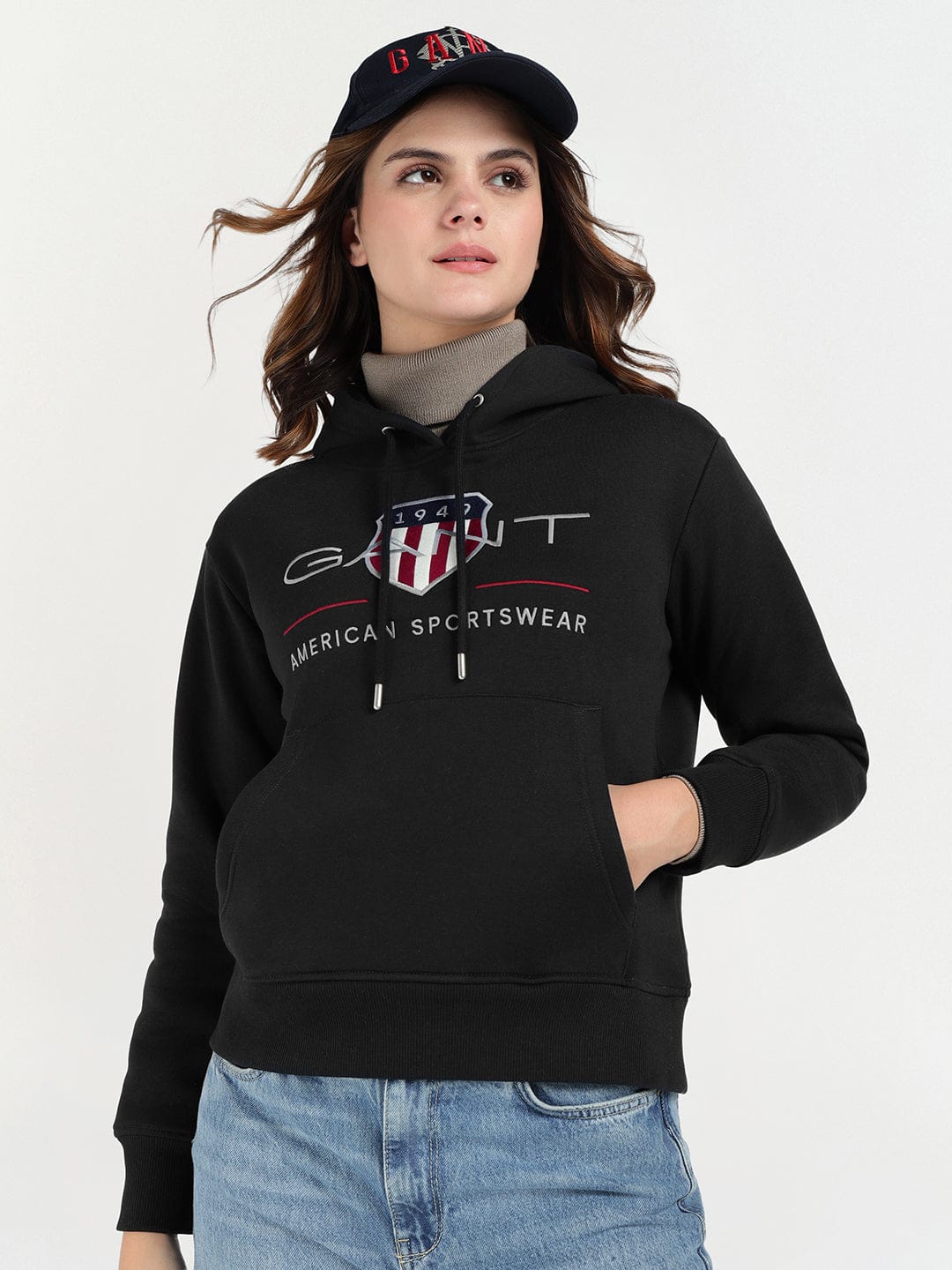 Gant Women Black Graphic Hooded Sweatshirt
