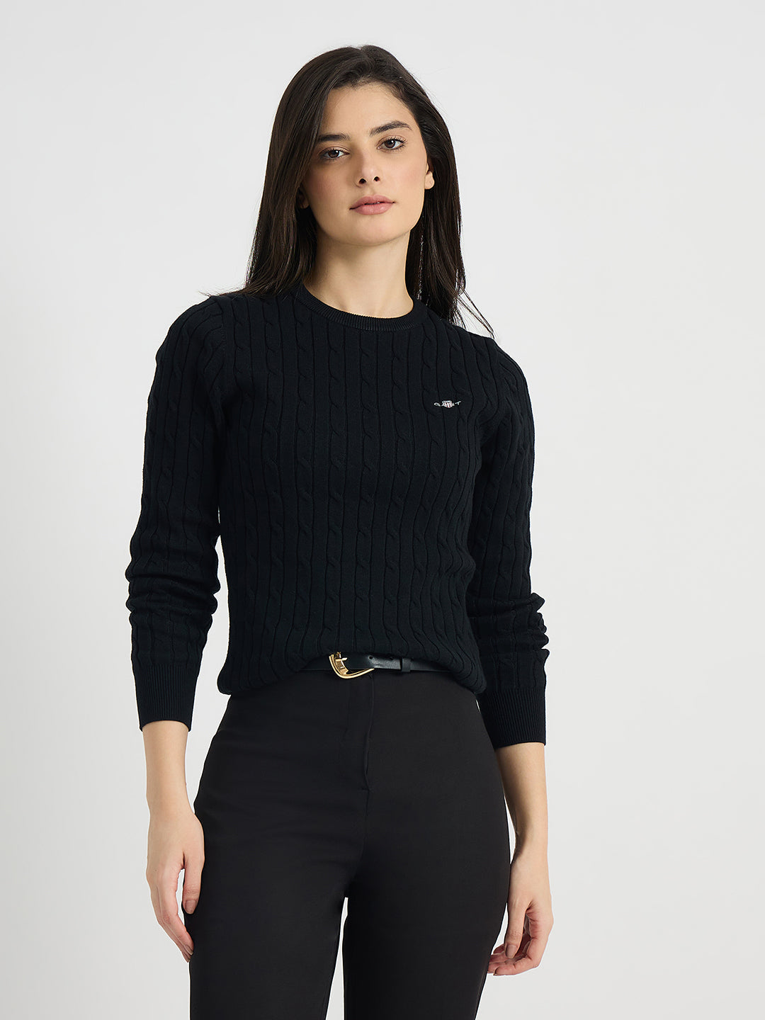 GANT Women Black Textured Round Neck Slim Fit Sweater