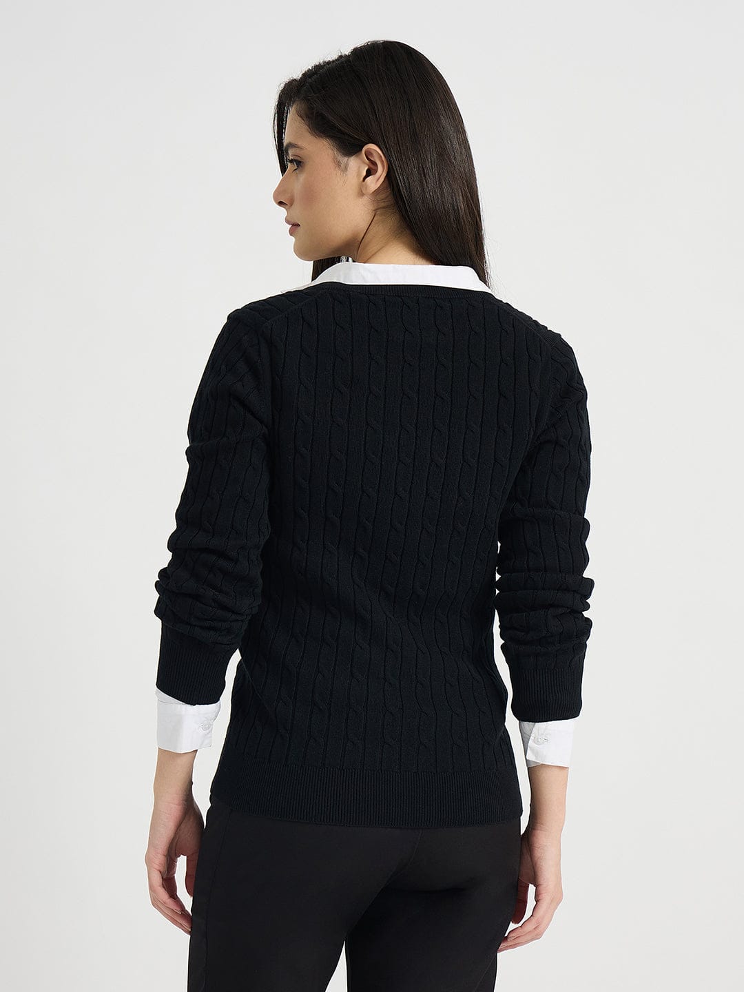 GANT Women Black Textured V Neck Slim Fit Sweater