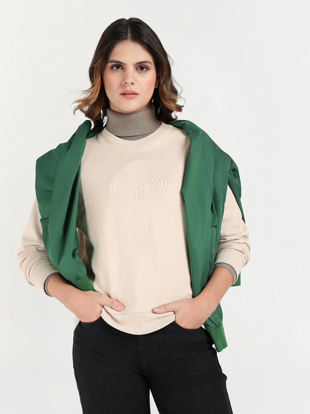 Gant Women Off White Solid Crew Neck Sweatshirt