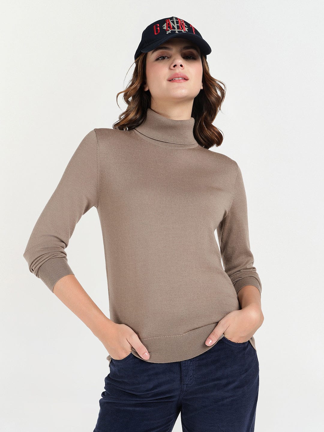 Gant Women Beige Solid Turtle Neck Sweater