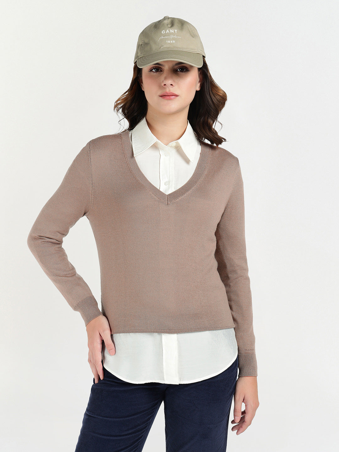 Gant Women Beige Solid V Neck Sweater