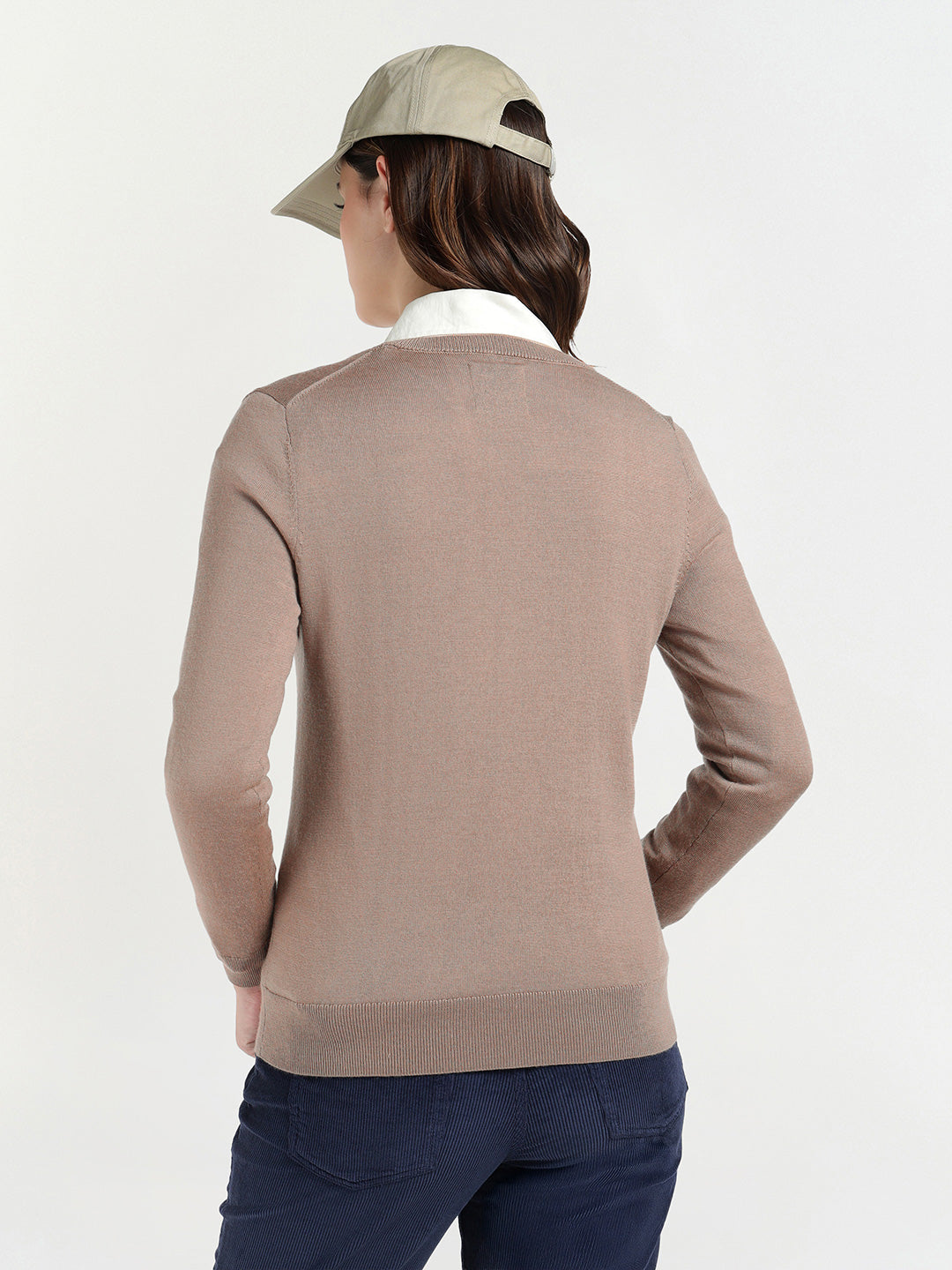 Gant Women Beige Solid V Neck Sweater