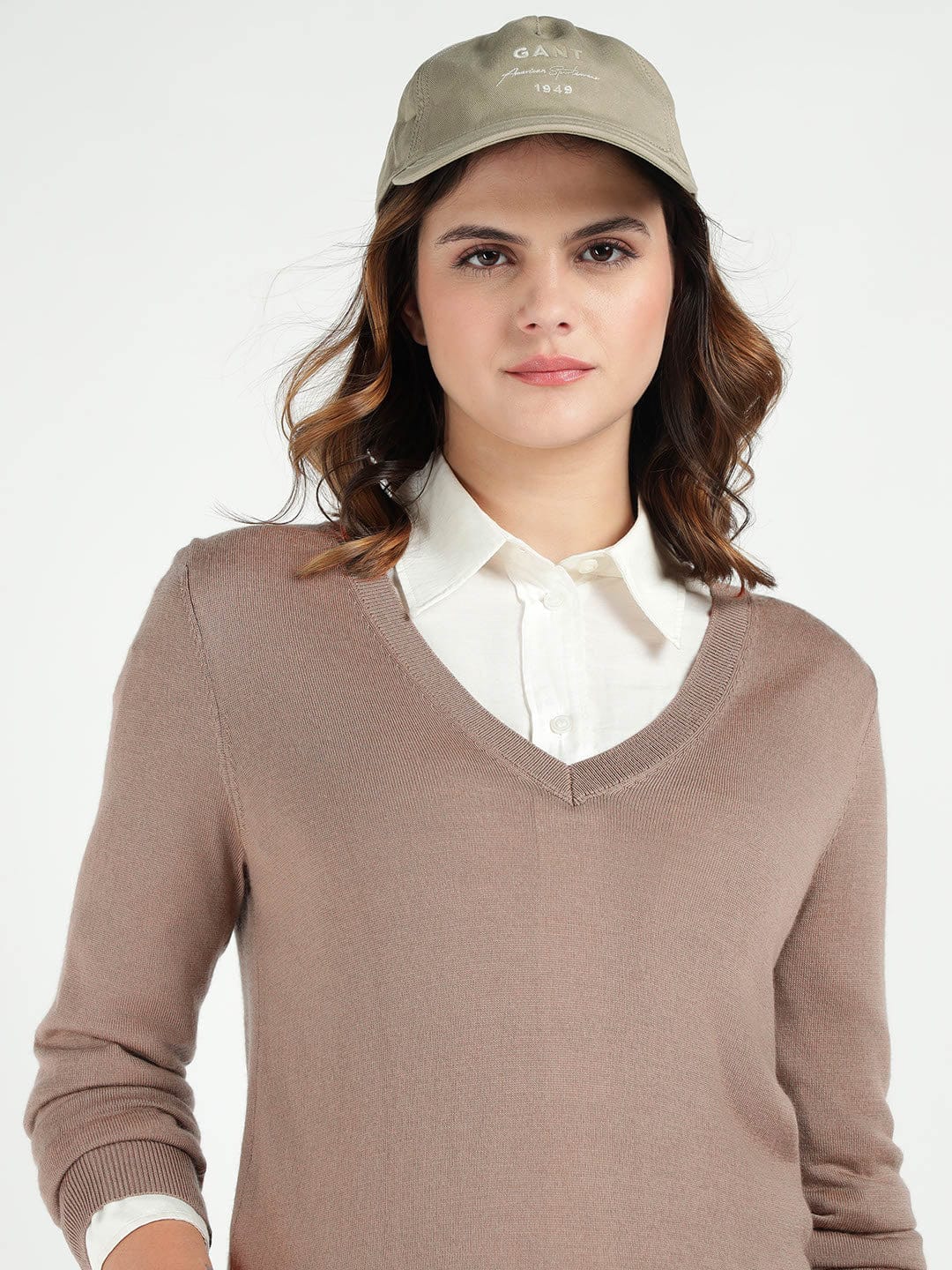 Gant Women Beige Solid V Neck Sweater