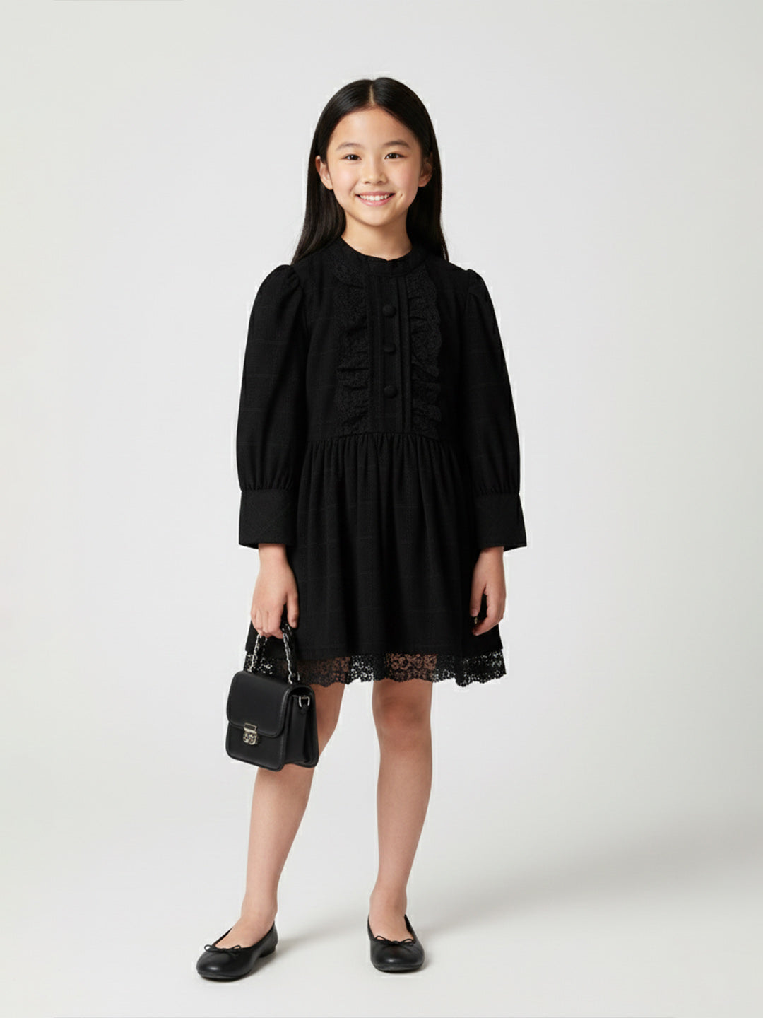 Blue Giraffe Girls Black Checks Round Neck Dress