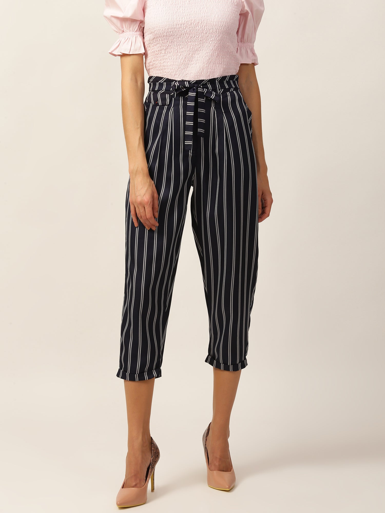 Elle Women Navy Blue Printed Slouch Fit Trouser