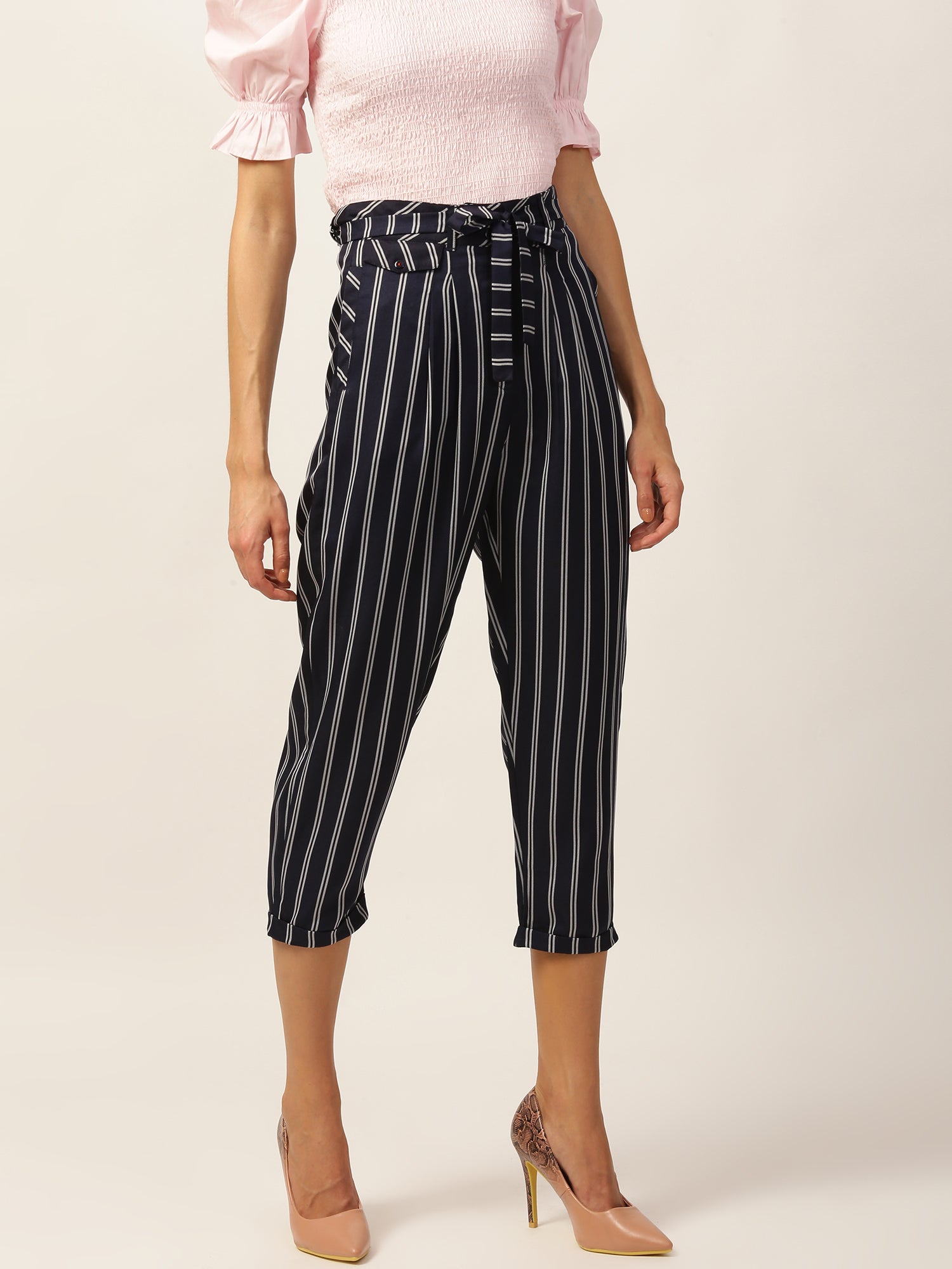 Elle Women Navy Blue Printed Slouch Fit Trouser