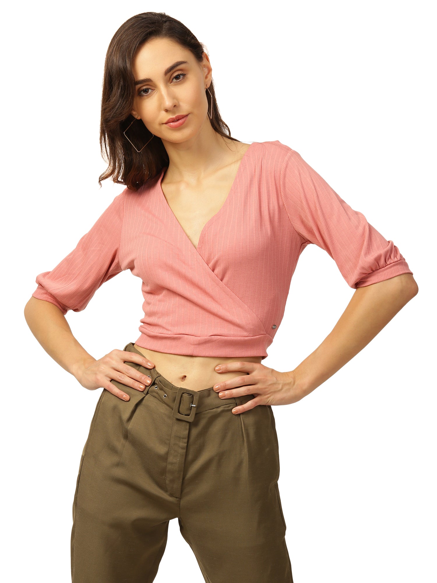 Elle Women Coral Solid Round Neck TShirt