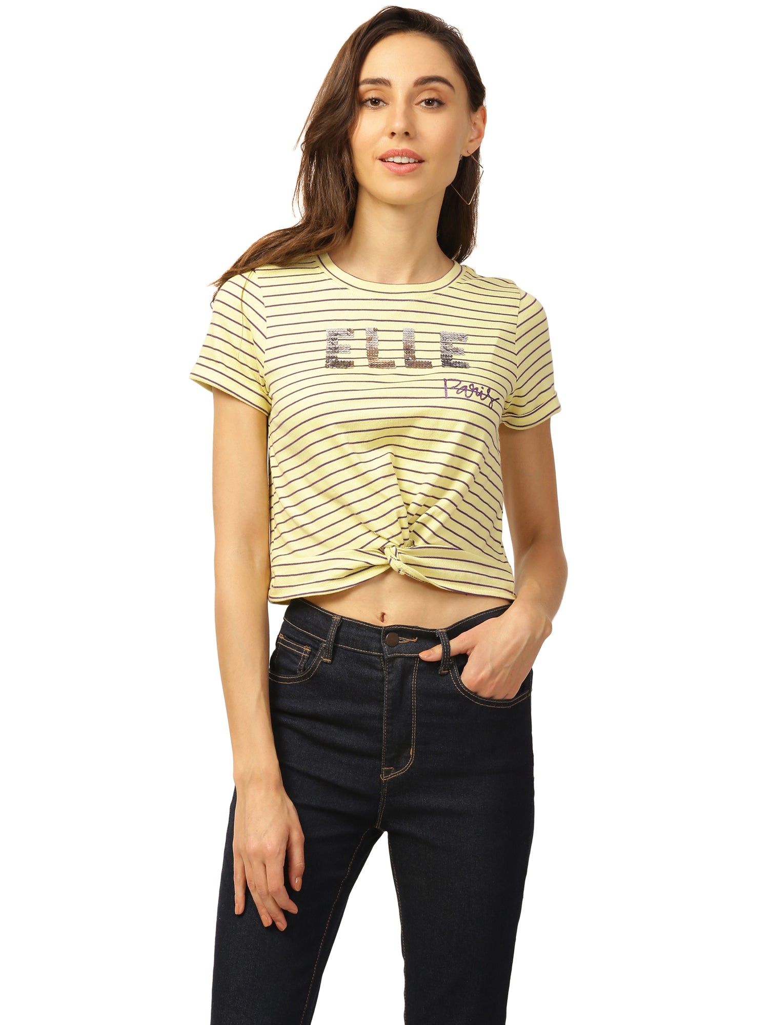 Elle Women Yellow Printed Round Neck TShirt