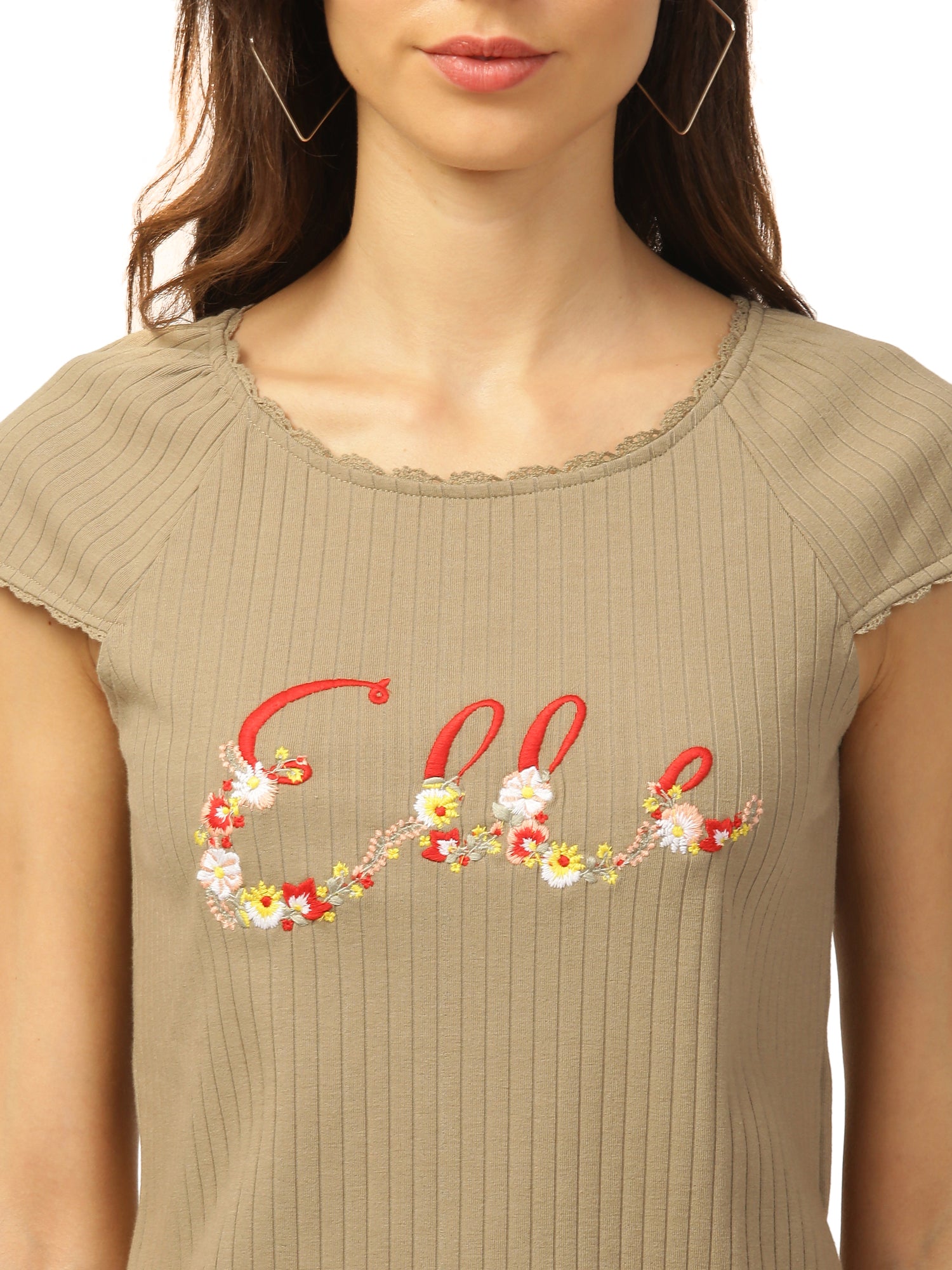 Elle Women Green Solid Round Neck TShirt