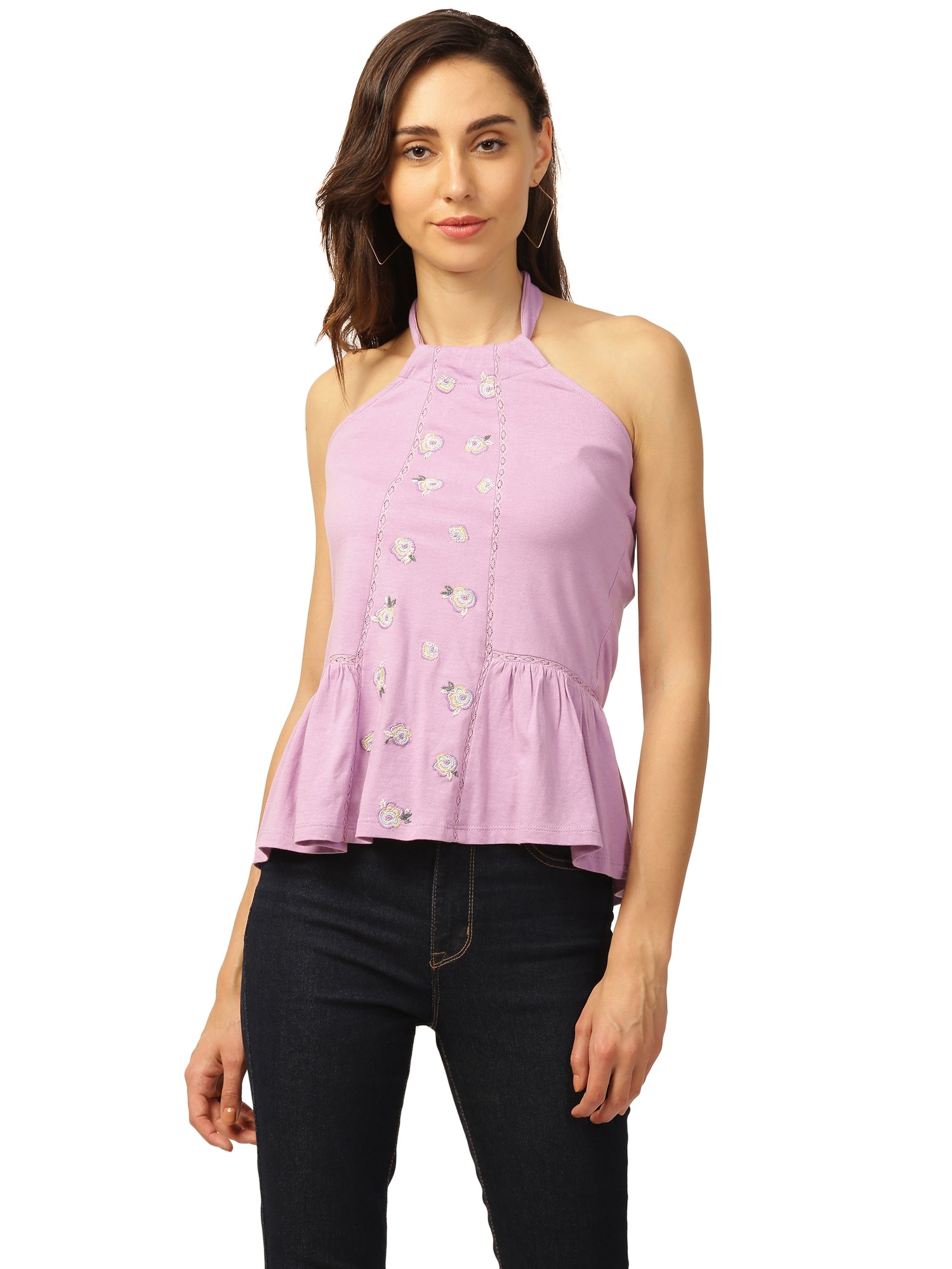 Elle Women Lilac Solid Round Neck TShirt