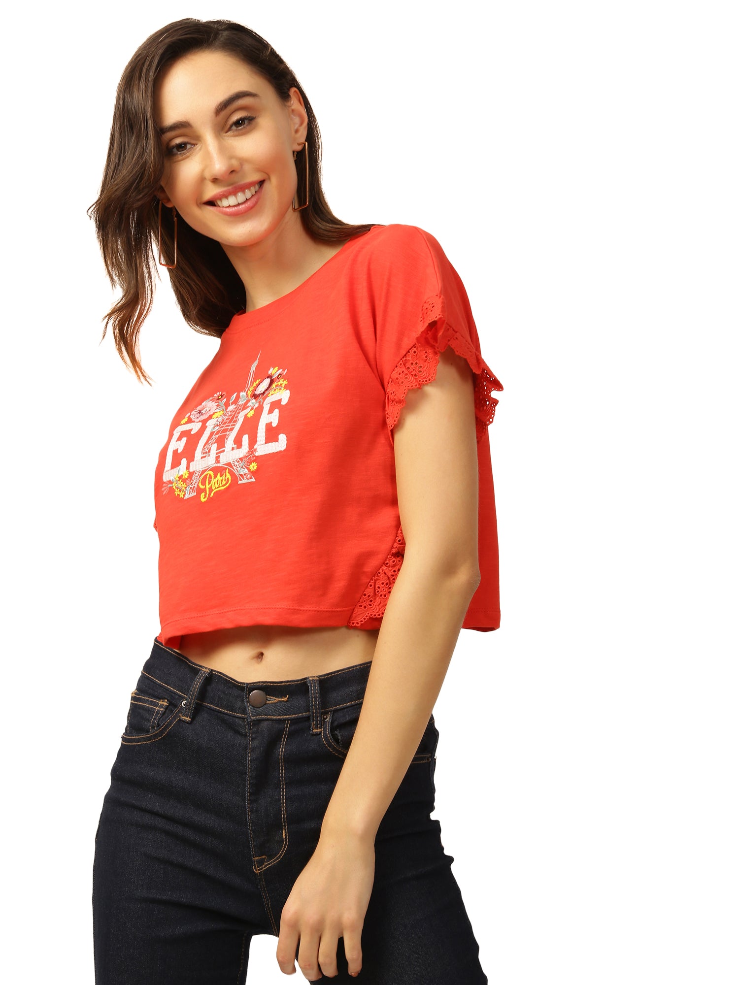 Elle Women Coral Solid Round Neck TShirt