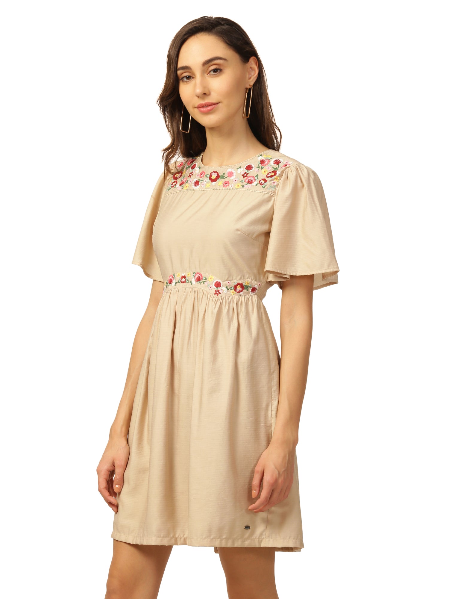 Elle Women Beige Solid Round Neck Dress