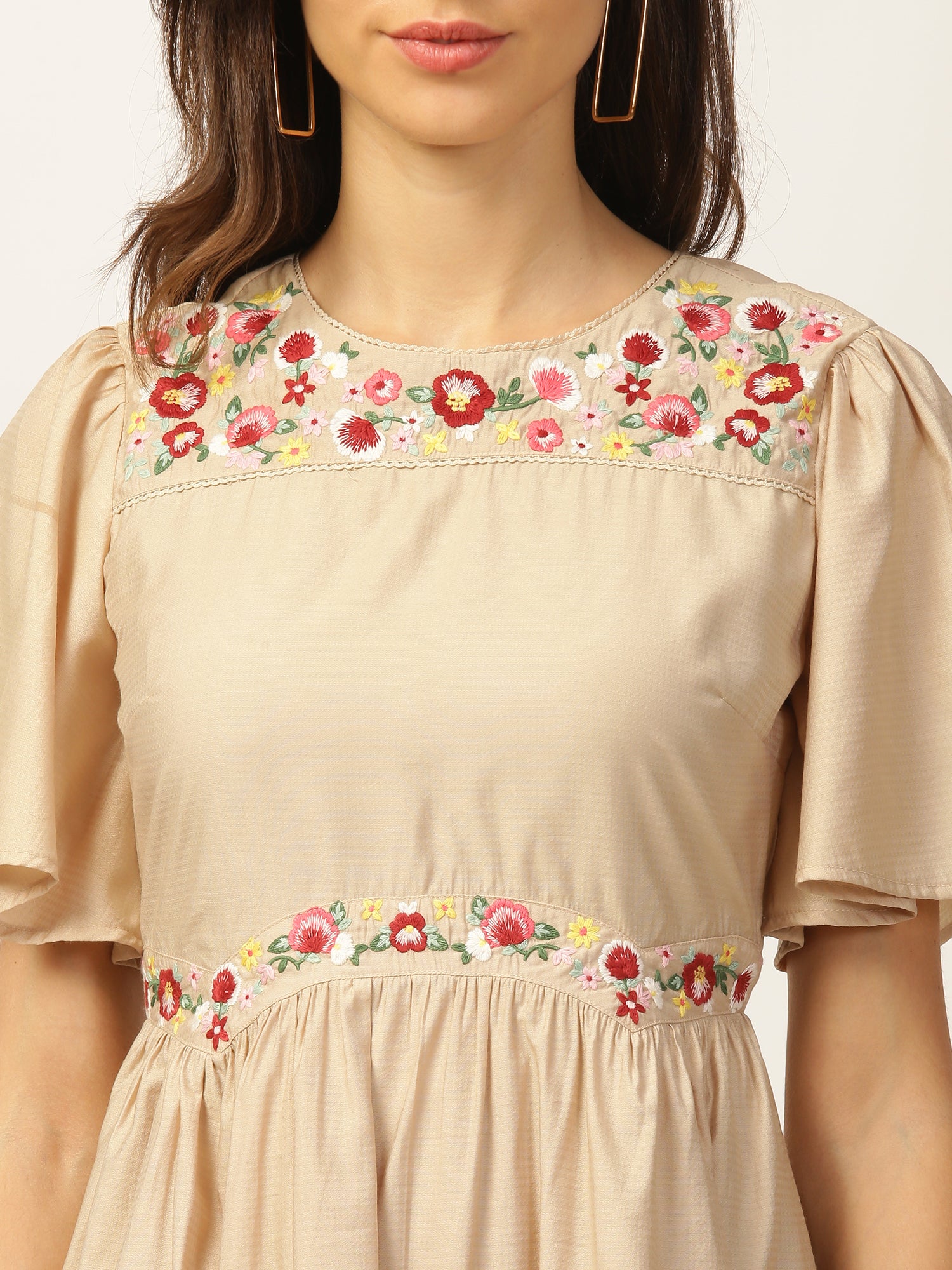 Elle Women Beige Solid Round Neck Dress