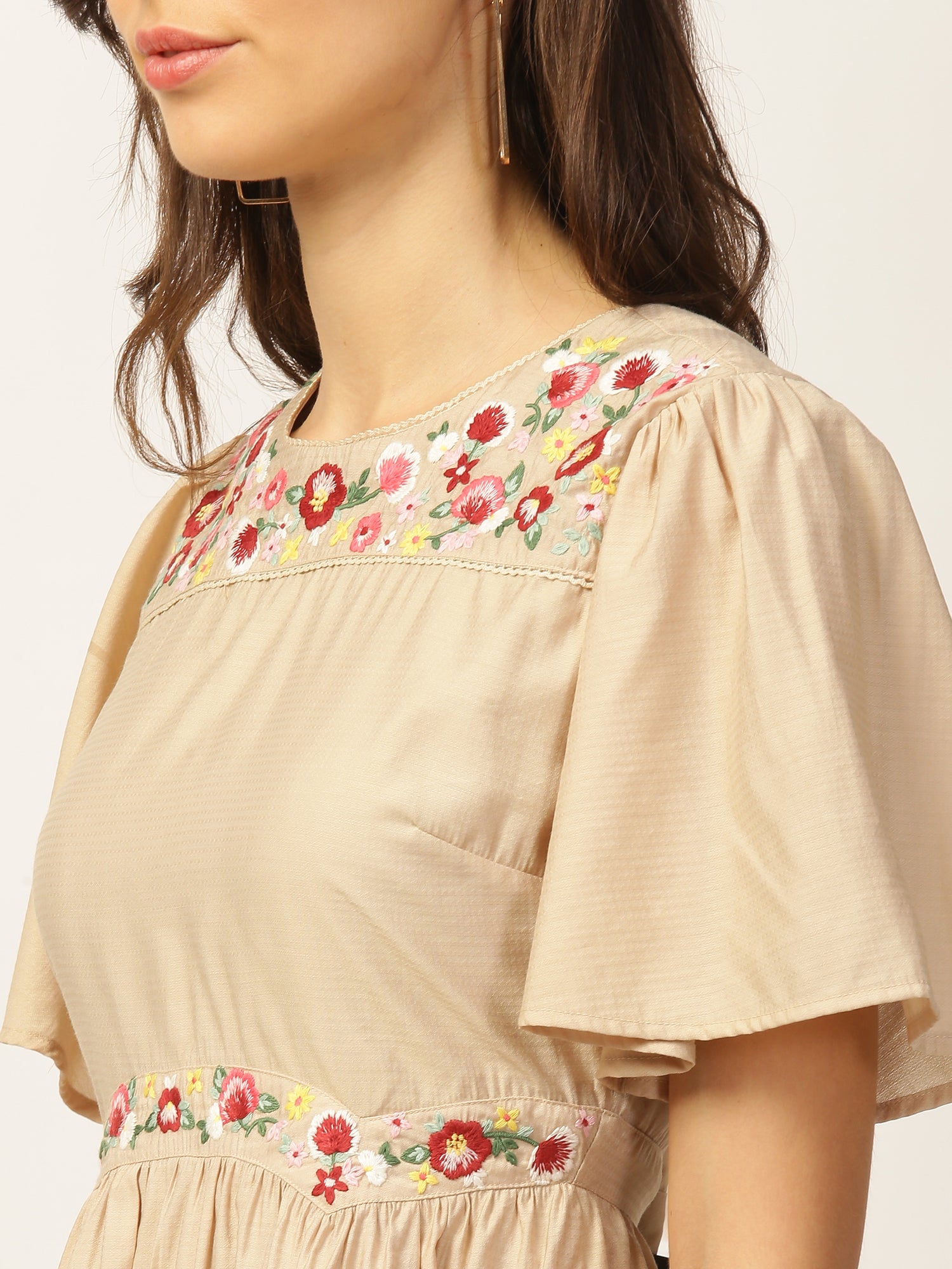 Elle Women Beige Solid Round Neck Dress