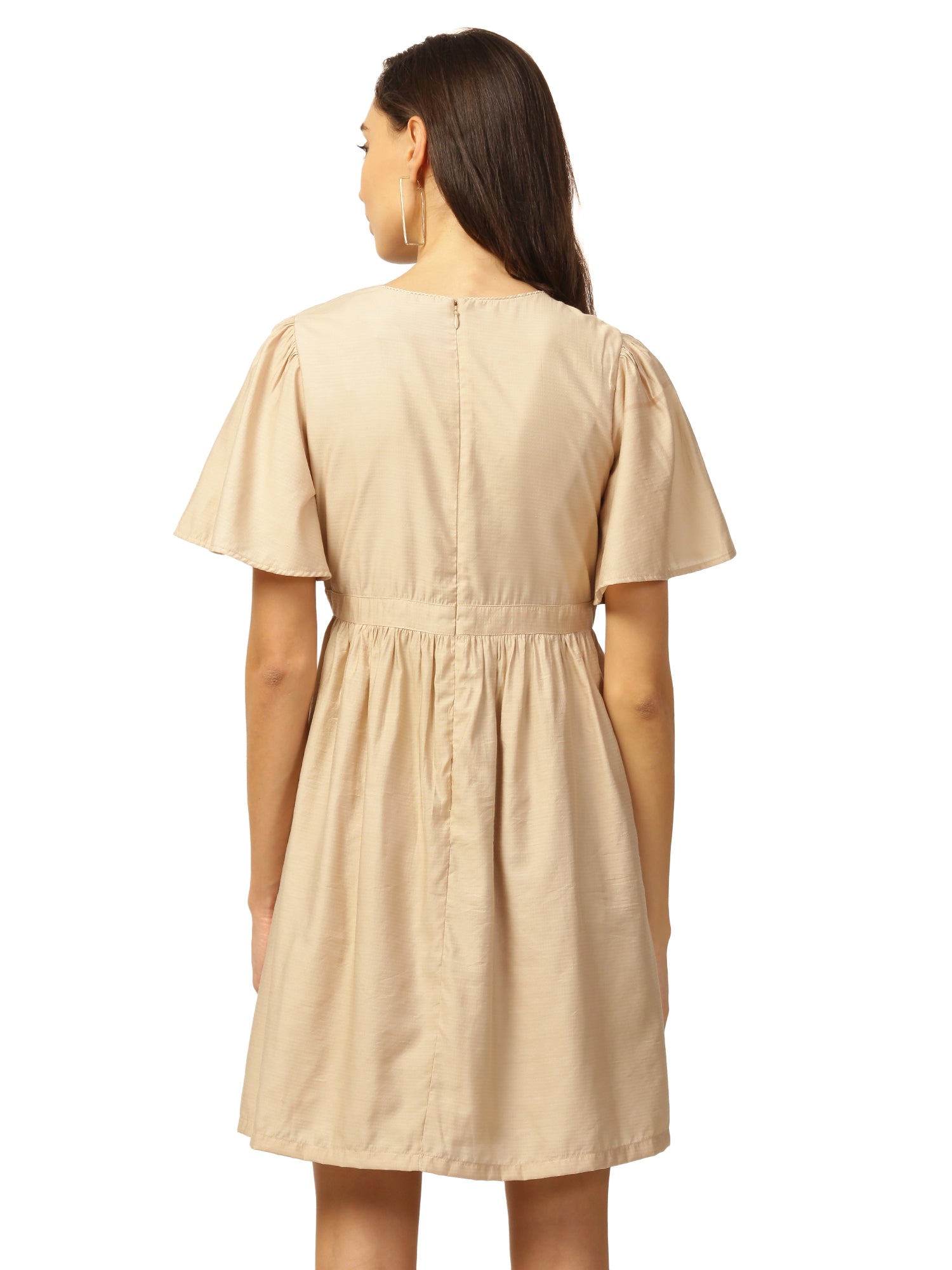 Elle Women Beige Solid Round Neck Dress