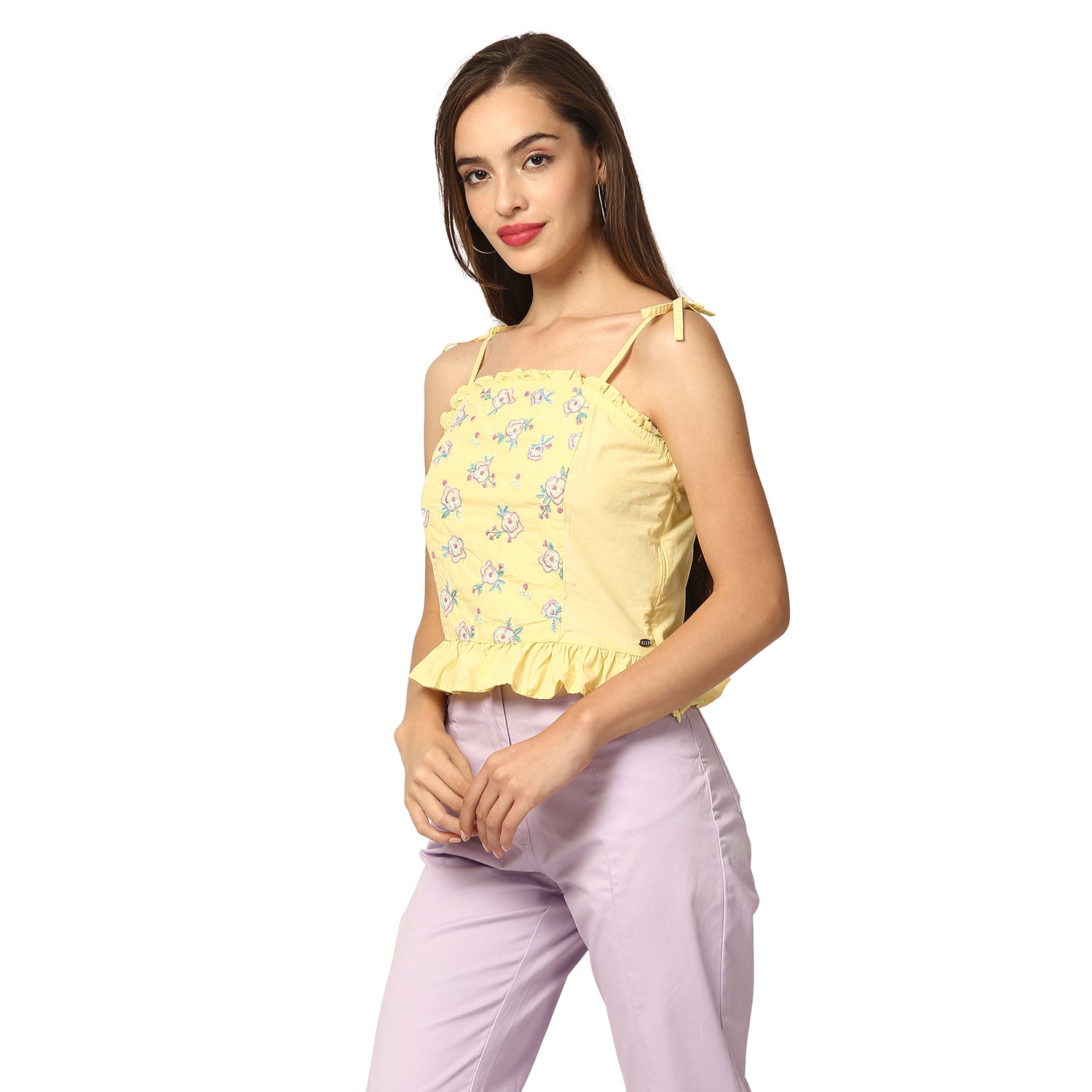 Elle Women Yellow Embroidered Round Neck Top