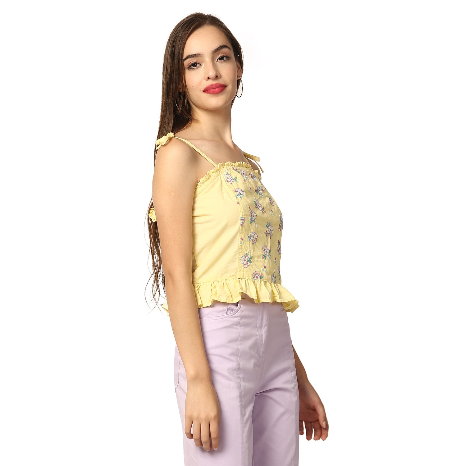 Elle Women Yellow Embroidered Round Neck Top