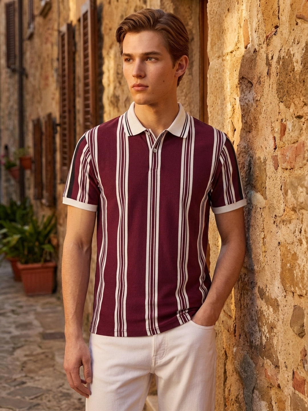 Iconic Men Maroon Striped Regular Fit Polo T-Shirt