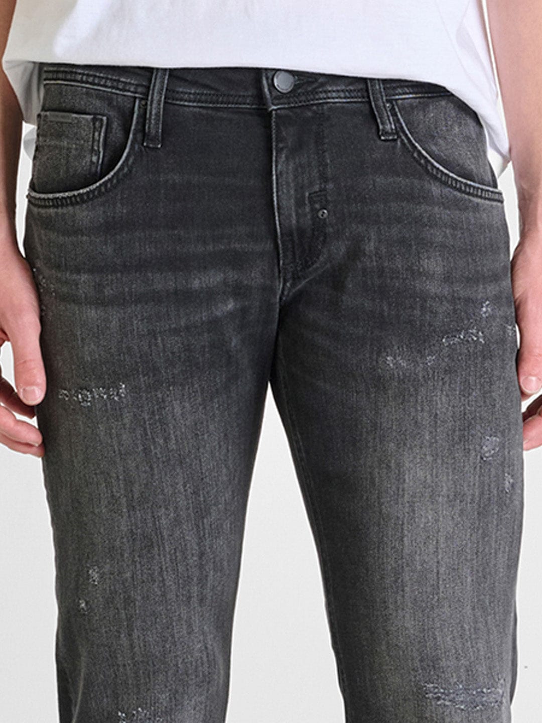 Antony Morato Men Black Comfort Tapered Fit Washed Jeans