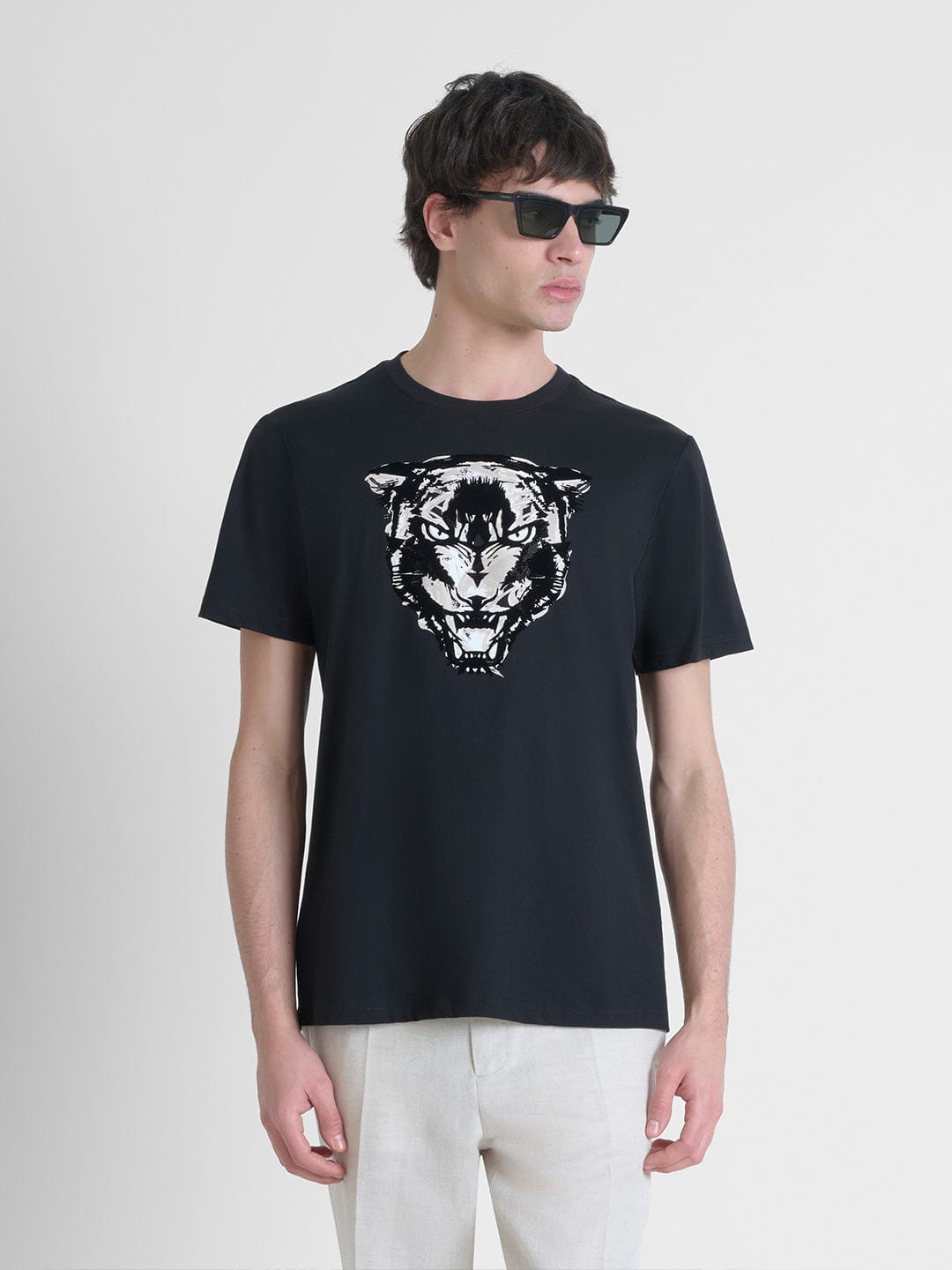 Antony Morato Men Black Placement Print Round Neck Tshirt