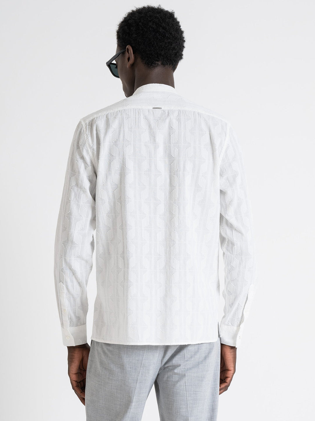 Antony Morato Men Off White Solid Band Collar Full Sleeves Shirt