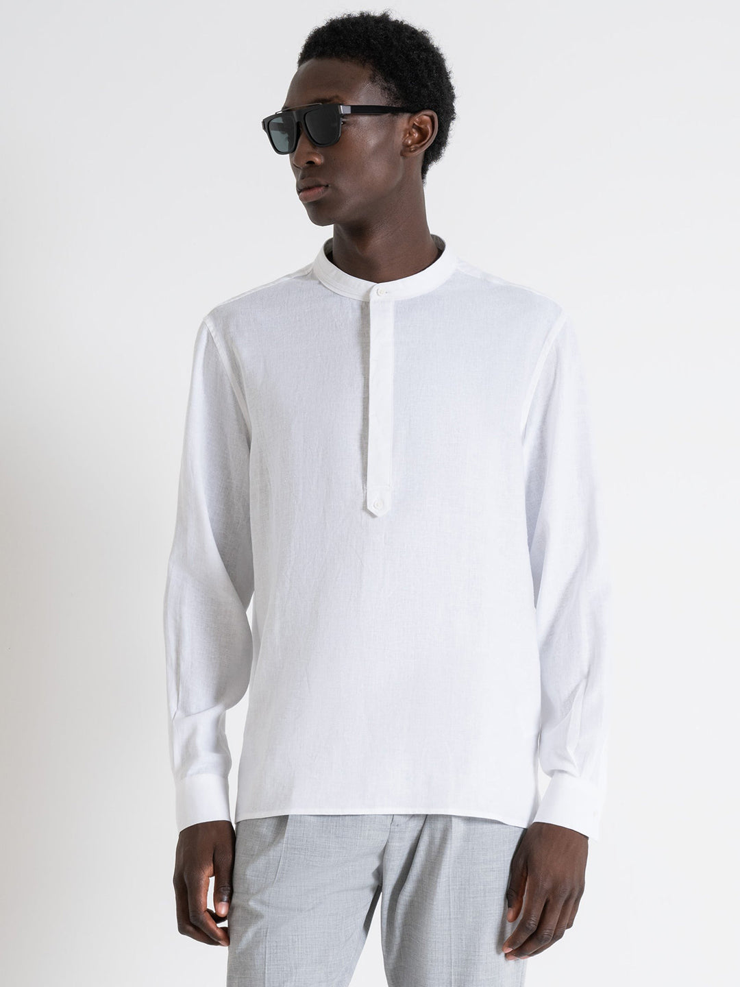 Antony Morato Men White Solid Band Collar Full Sleeves Shirt