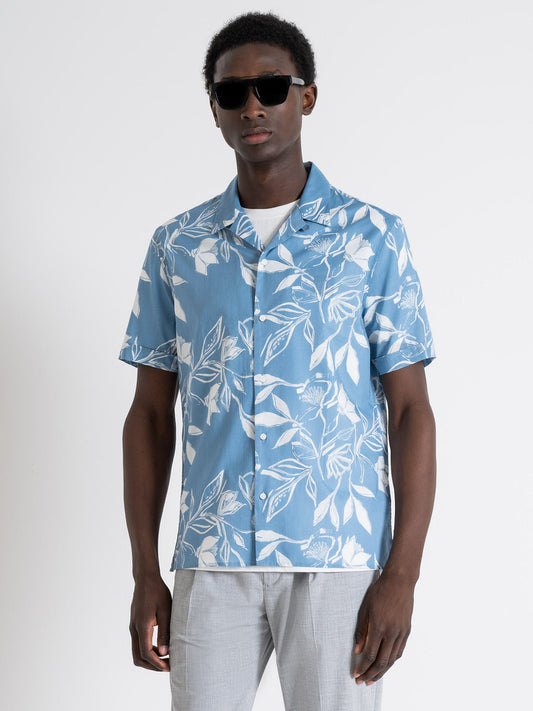 Antony Morato Men Blue Printed Cuban Collar Short Sleeves Shirt