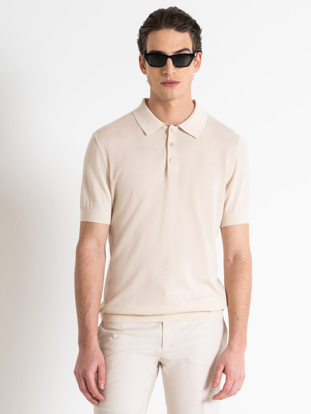 Antony Morato Men Beige Solid Polo Collar Short Sleeves Tshirt