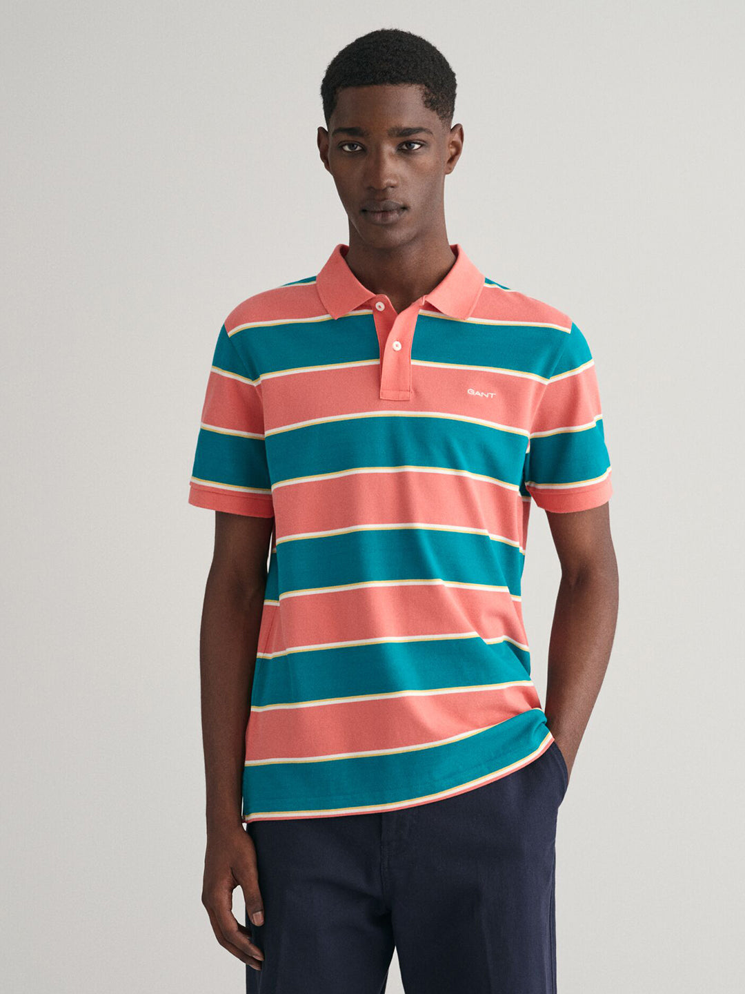 Gant Men Blue Striped Polo Collar Short Sleeves Tshirt