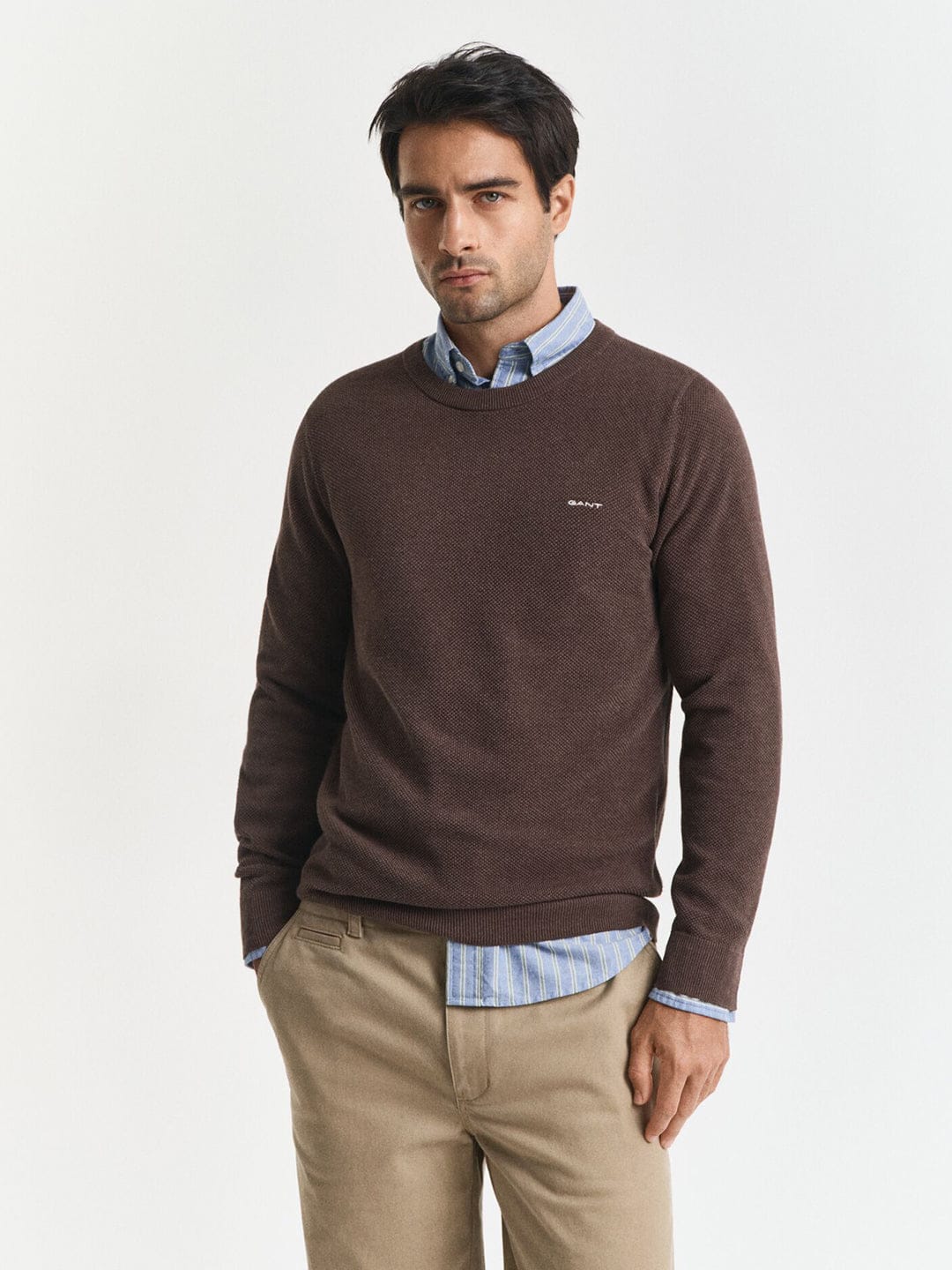 Gant Men Brown Solid Crew Neck Sweater