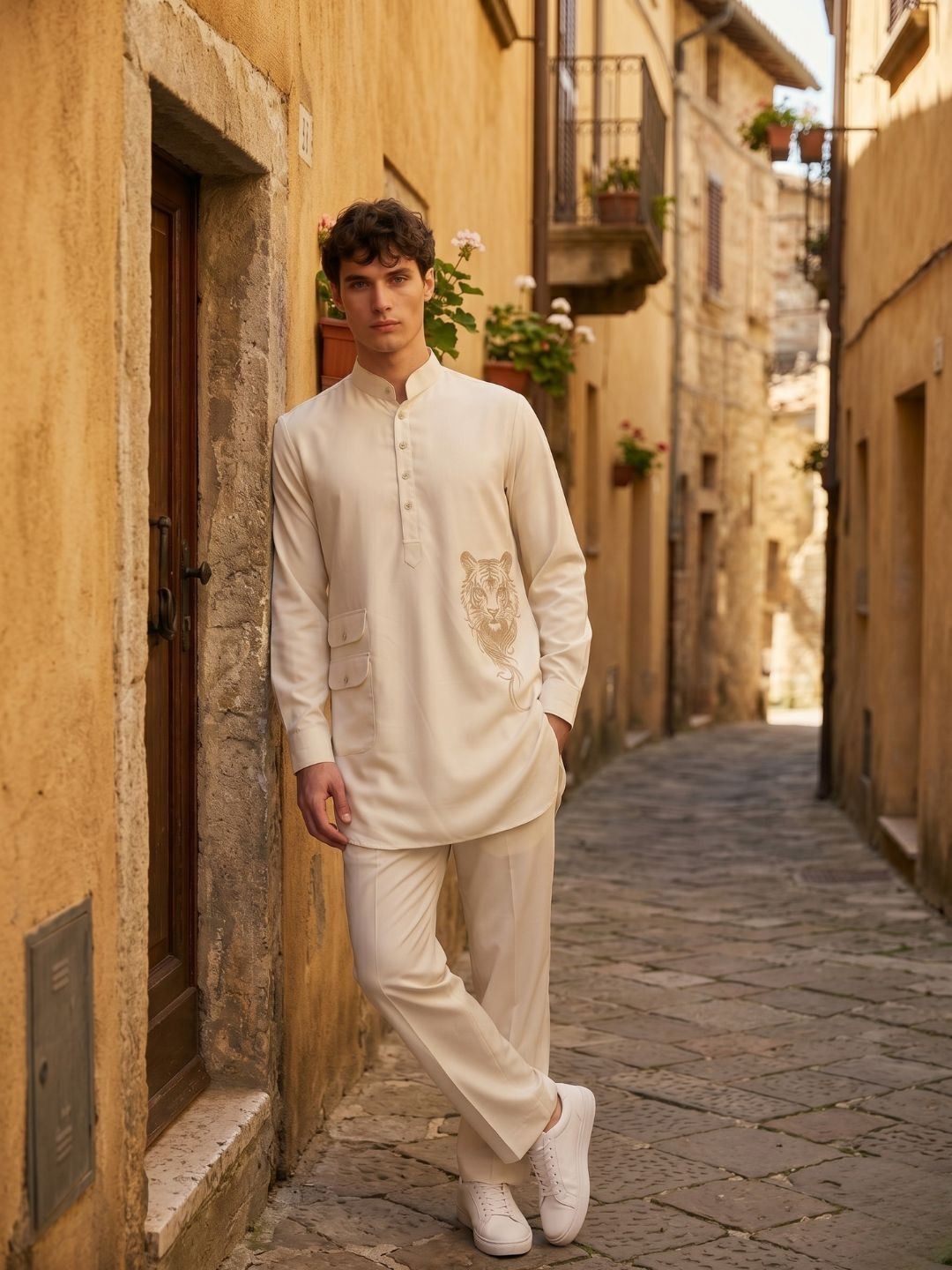 Amit Arora Men Cream Embroidered Slim Fit Kurta Pajama Set