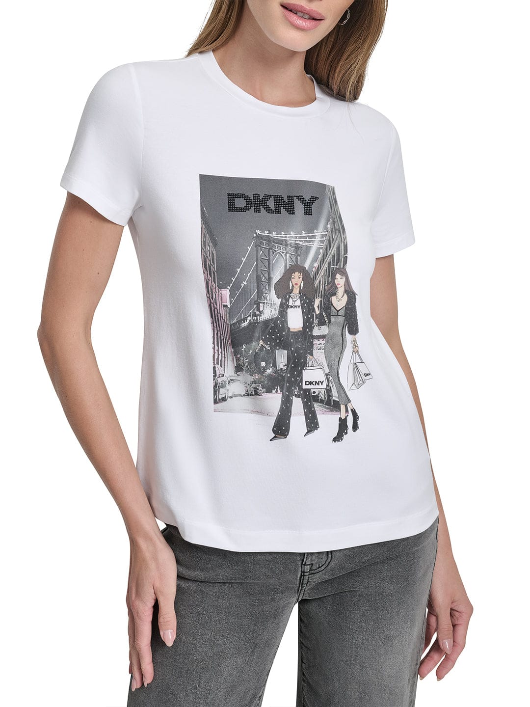 DKNY Women White Placement Print Round Neck Tshirt