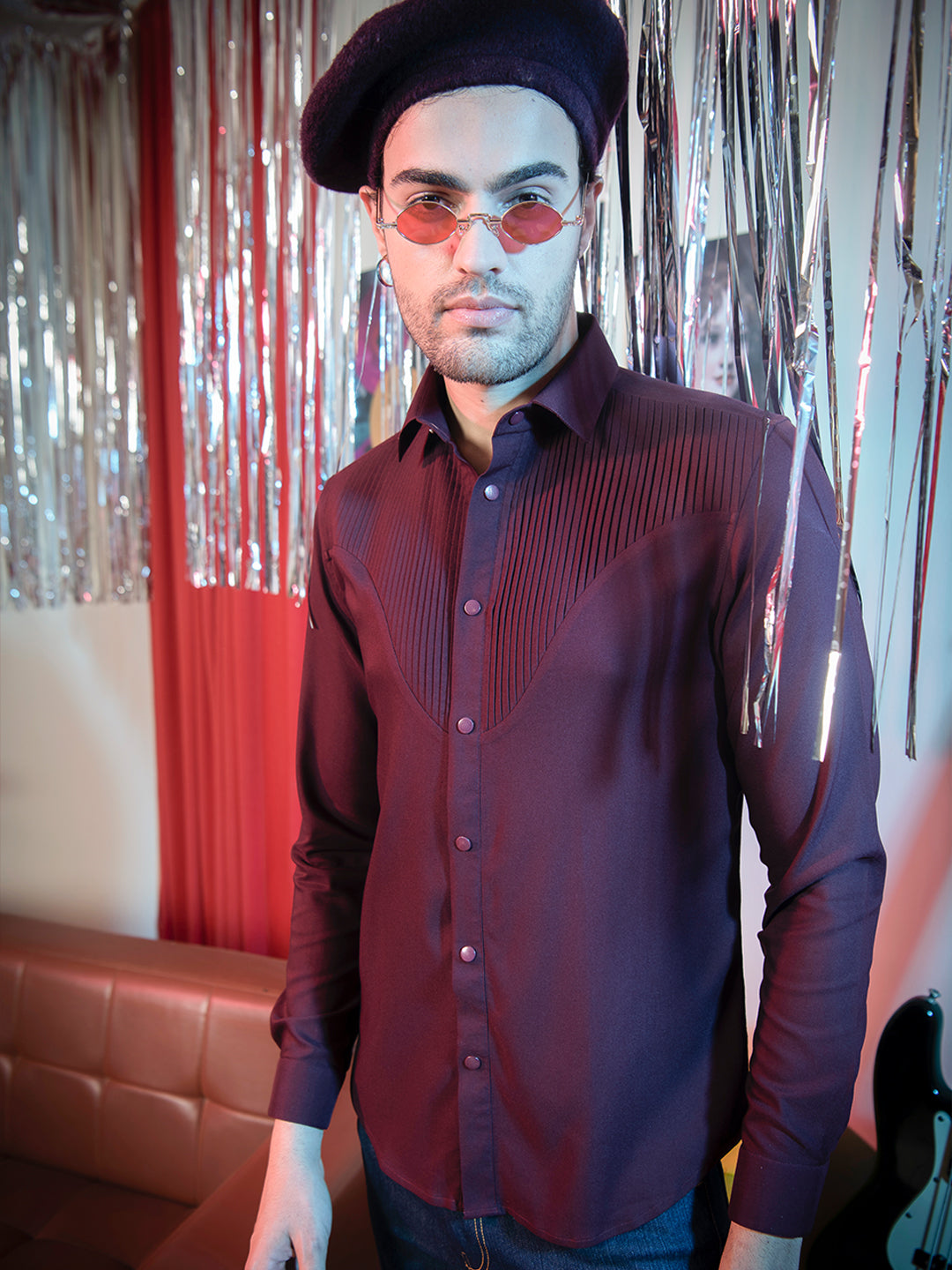 Abkasa Men Red Pleats Collar Shirt