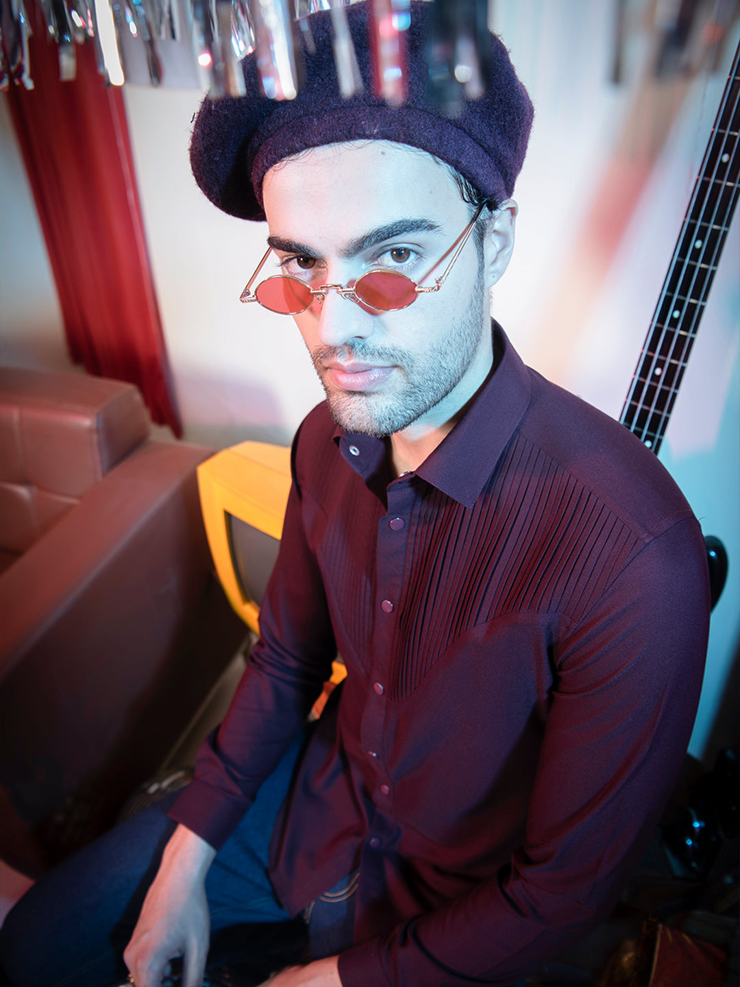 Abkasa Men Red Pleats Collar Shirt