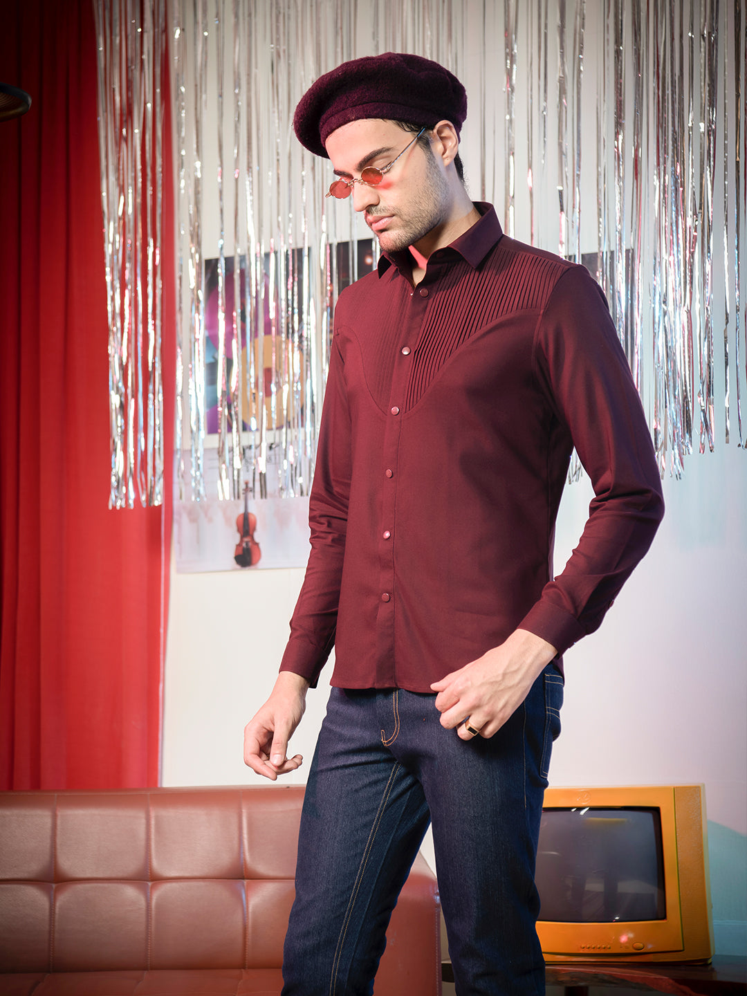 Abkasa Men Red Pleats Collar Shirt