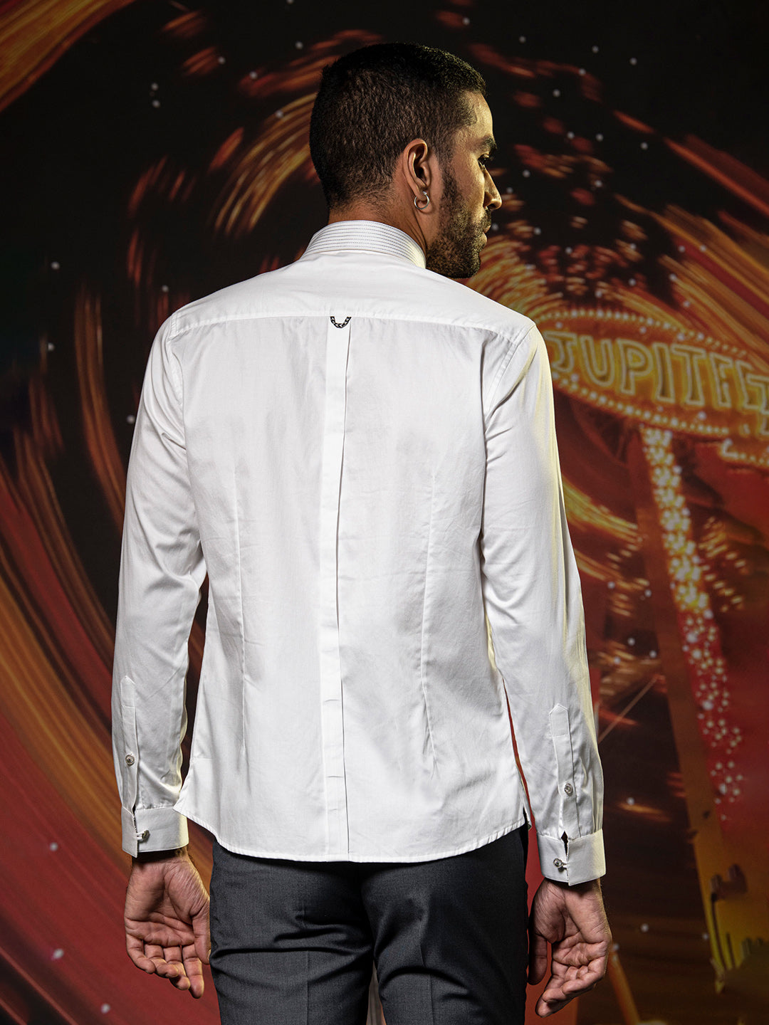 Abkasa Men White Embroidered Collar Shirt