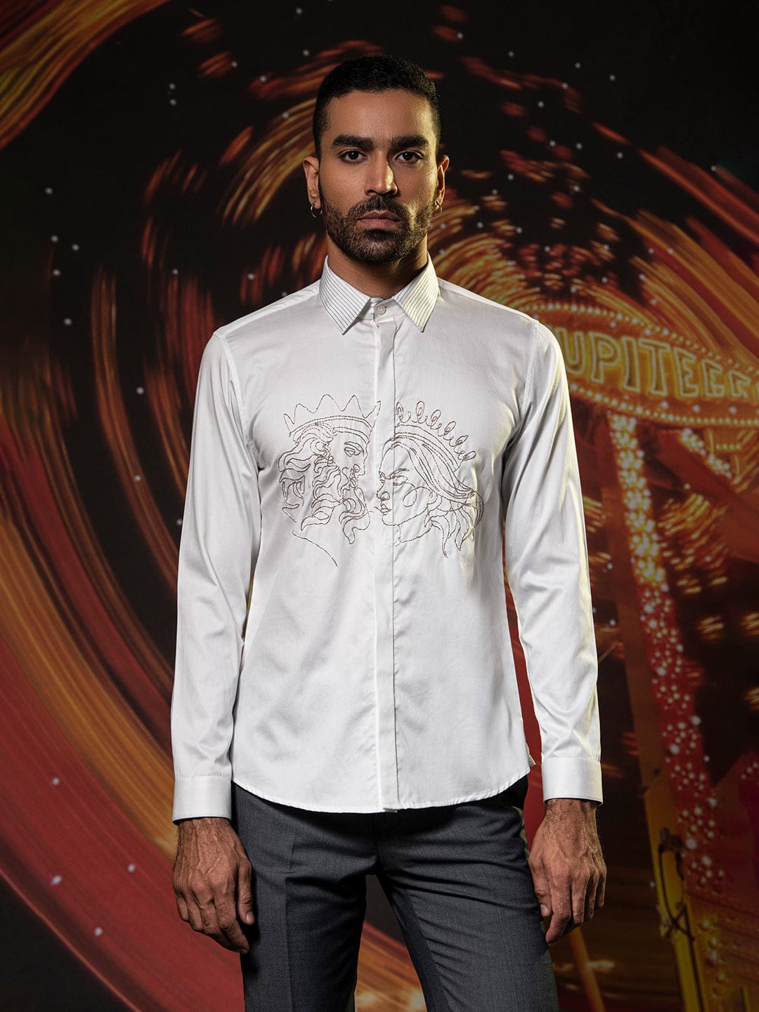 Abkasa Men White Embroidered Collar Shirt