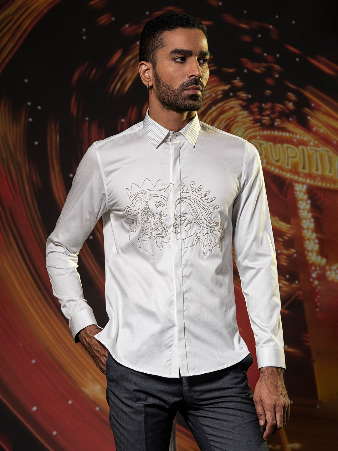 Abkasa Men White Embroidered Collar Shirt