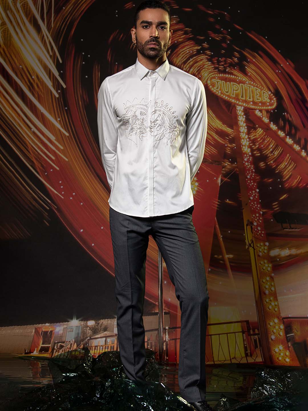 Abkasa Men White Embroidered Collar Shirt
