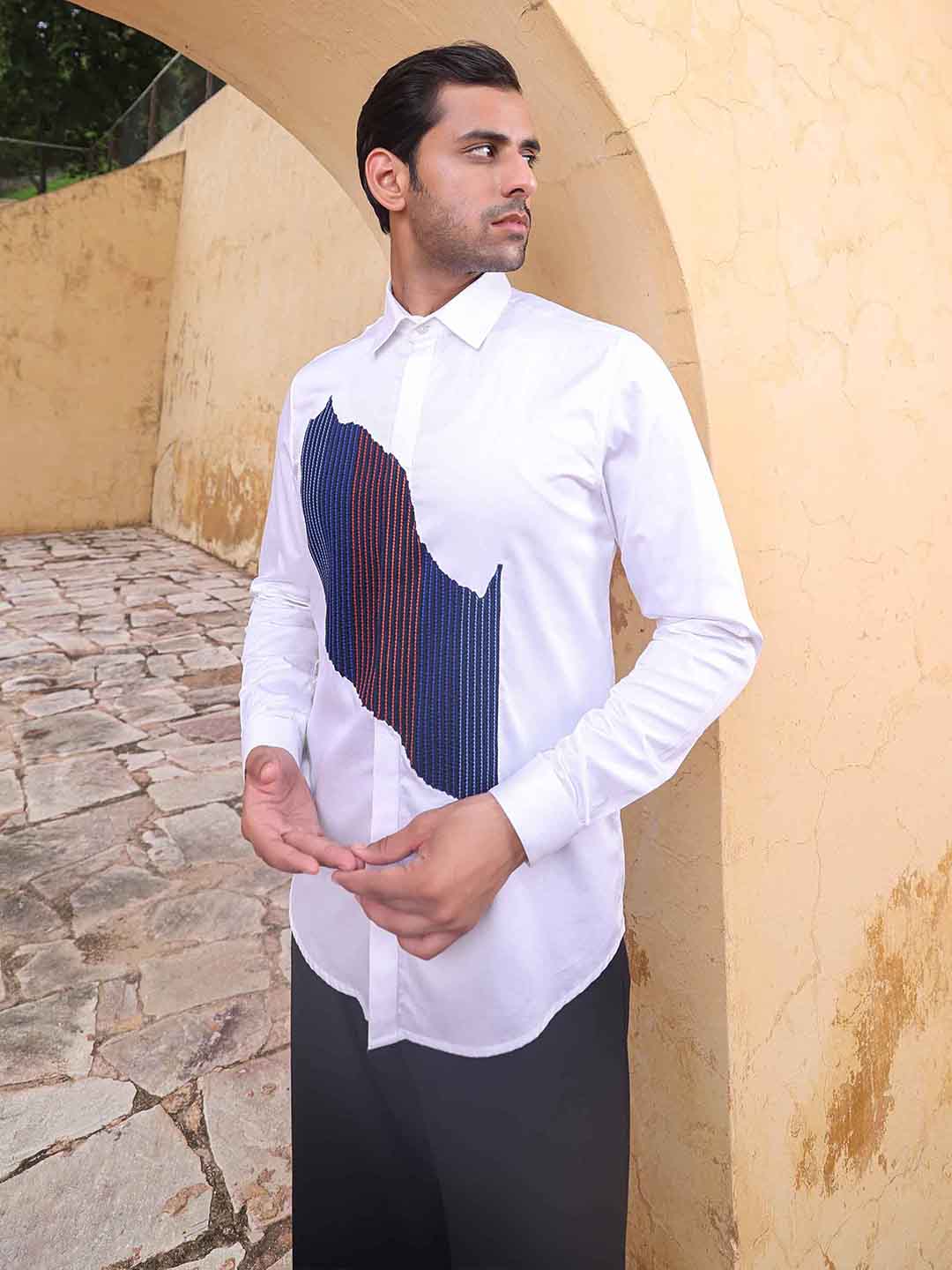 Abkasa Men White Patch Collar Shirt