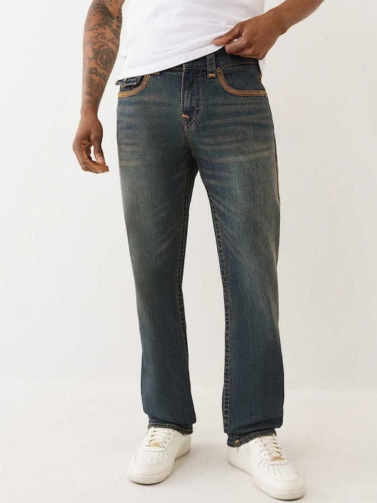 True Religion Men Dark Wash SN SUPER FLATLOCK Straight Fit Ricky Jeans