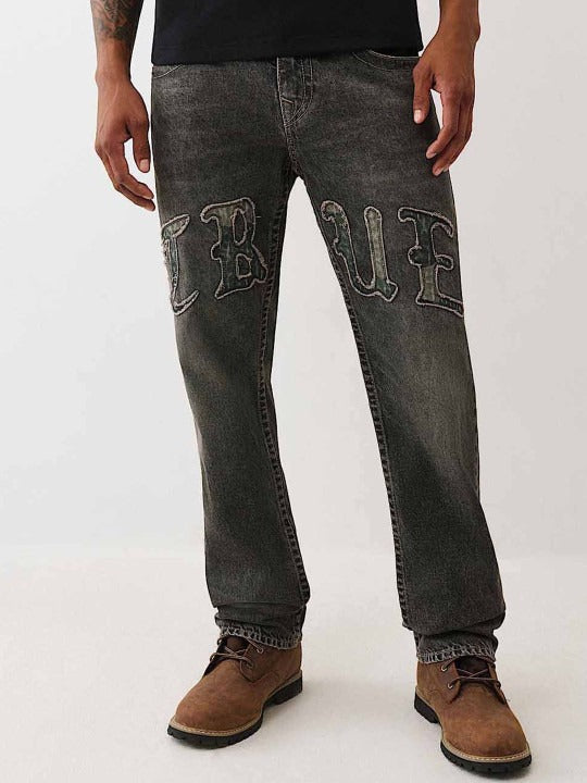 True Religion Men SN Black Straight Fit Embroidered Ricky Jeans