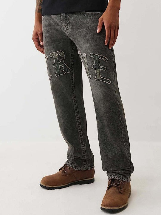 True Religion Men SN Black Straight Fit Embroidered Ricky Jeans
