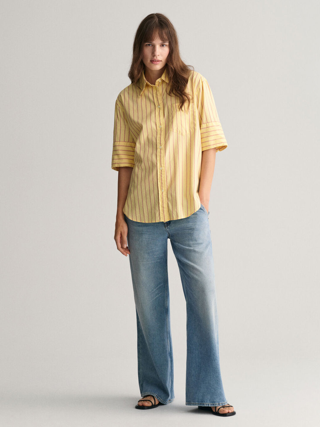 Gant Women Yellow Striped Spread Collar Short Sleeves Shirt