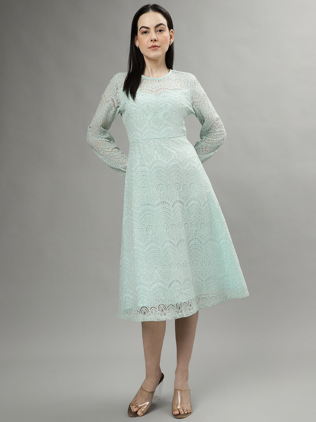 Centrestage Women Solid Round Neck Long Sleeves A-line Dress