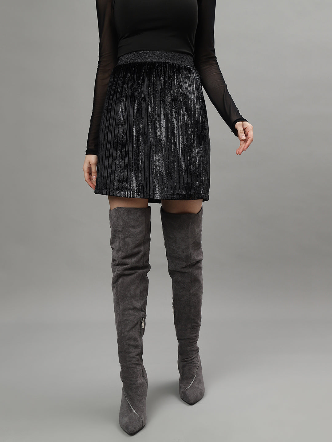 Centre Stage Women Black Self Design A-Line Mini Party Wear Skirt