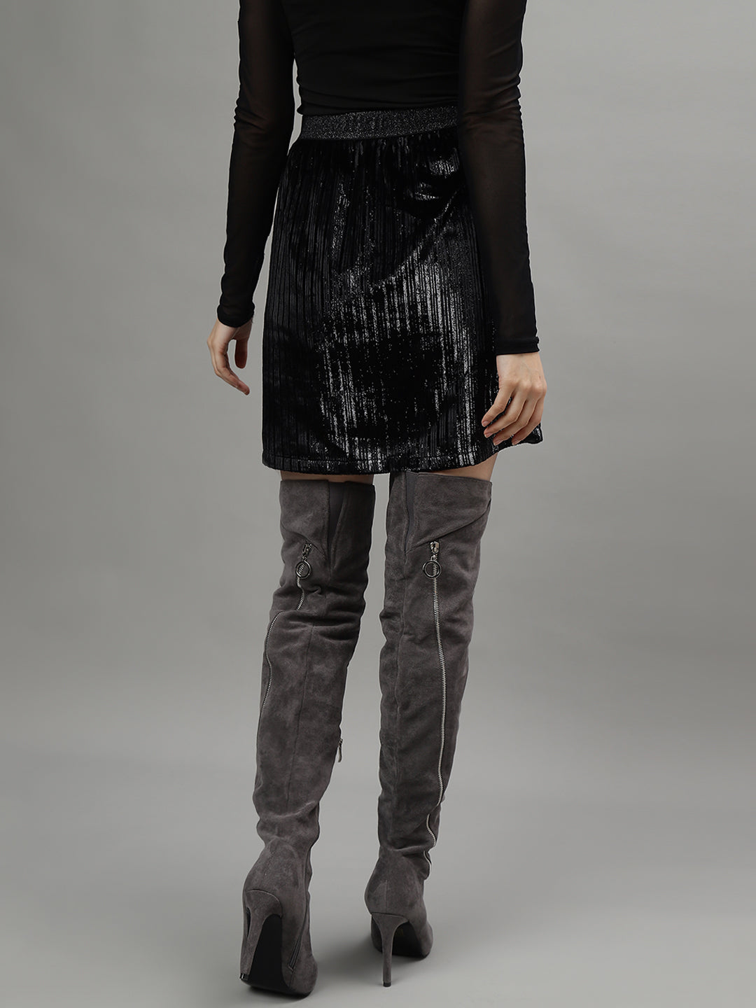 Centre Stage Women Black Self Design A-Line Mini Party Wear Skirt