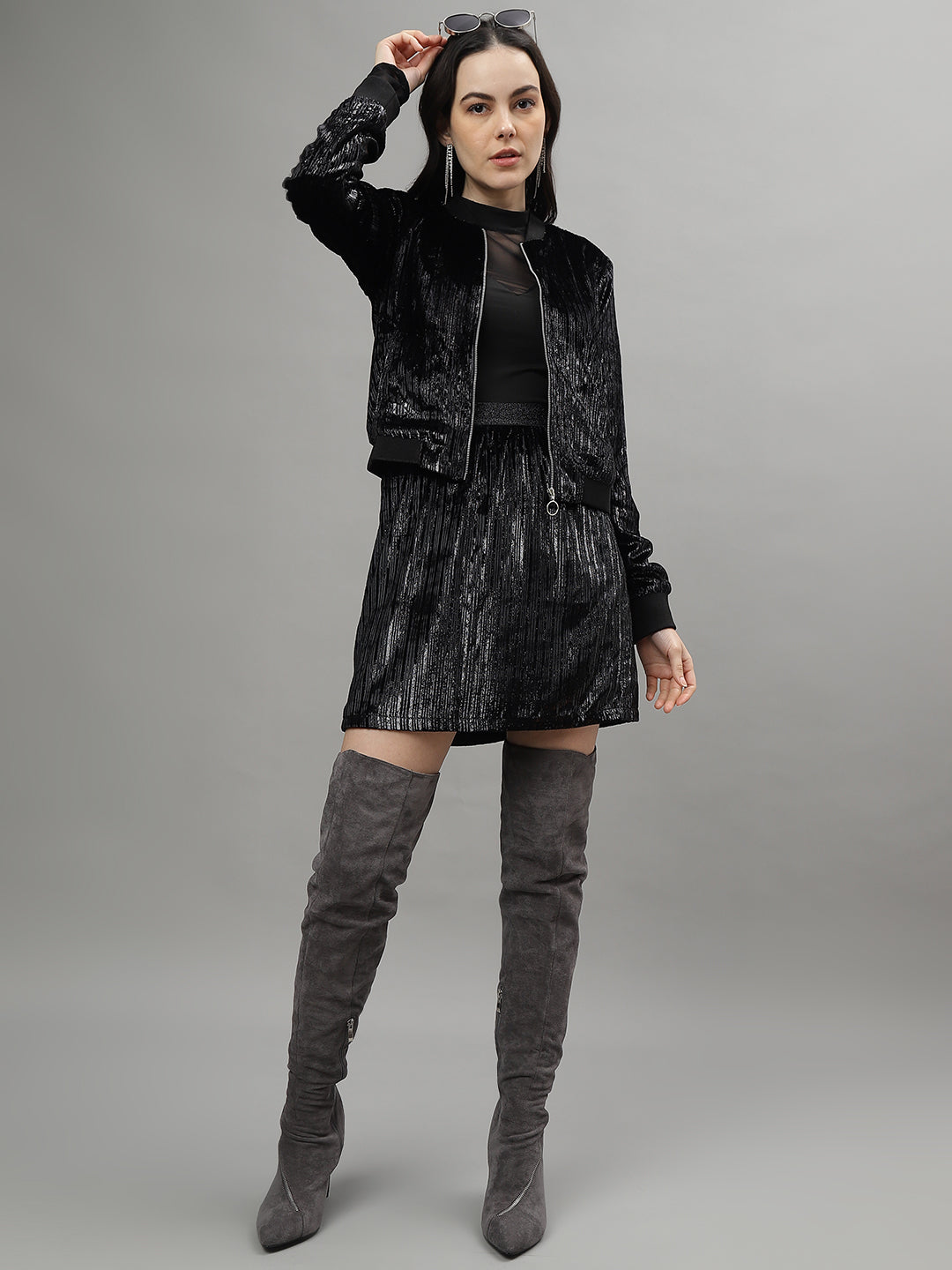 Centre Stage Women Black Self Design A-Line Mini Party Wear Skirt